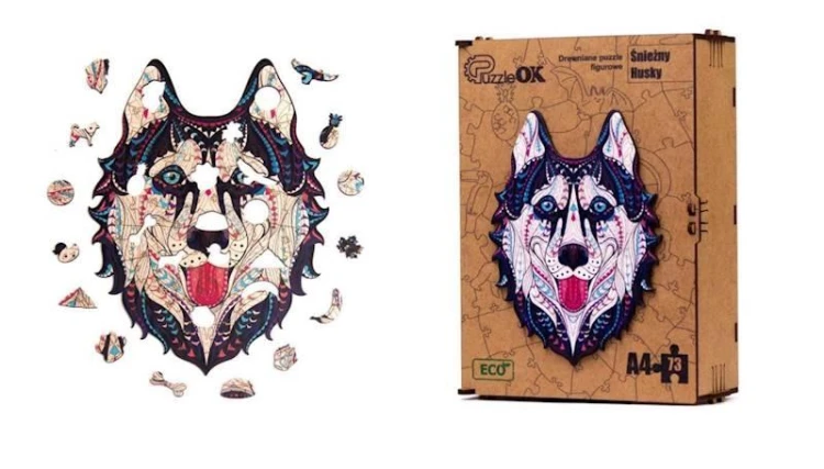 Puzzle drewniane eko 73 Śnieżny husky A4
